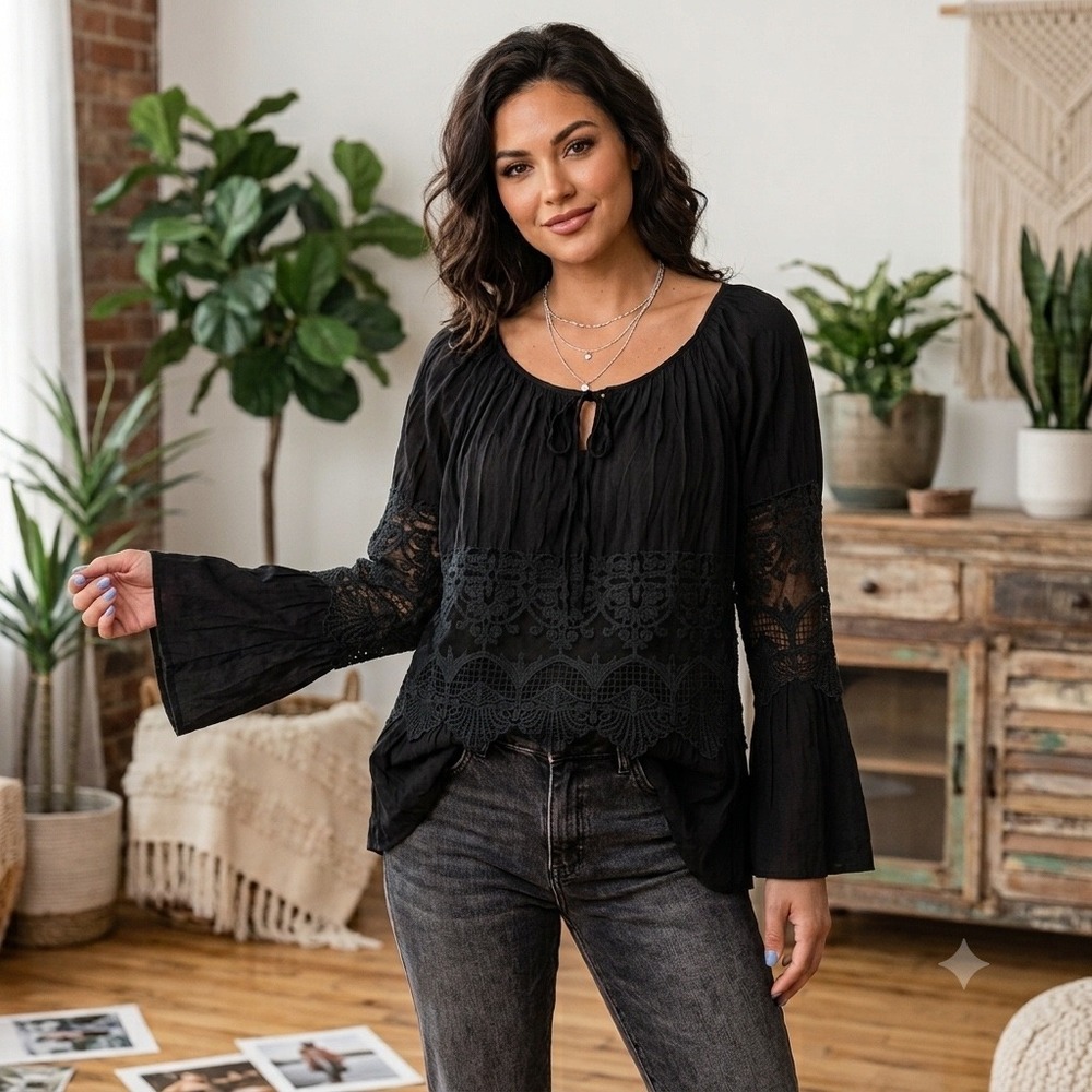 Angela Moda Black Silk Blend Lace Boho Tunic Top Italy NWT Womens Large